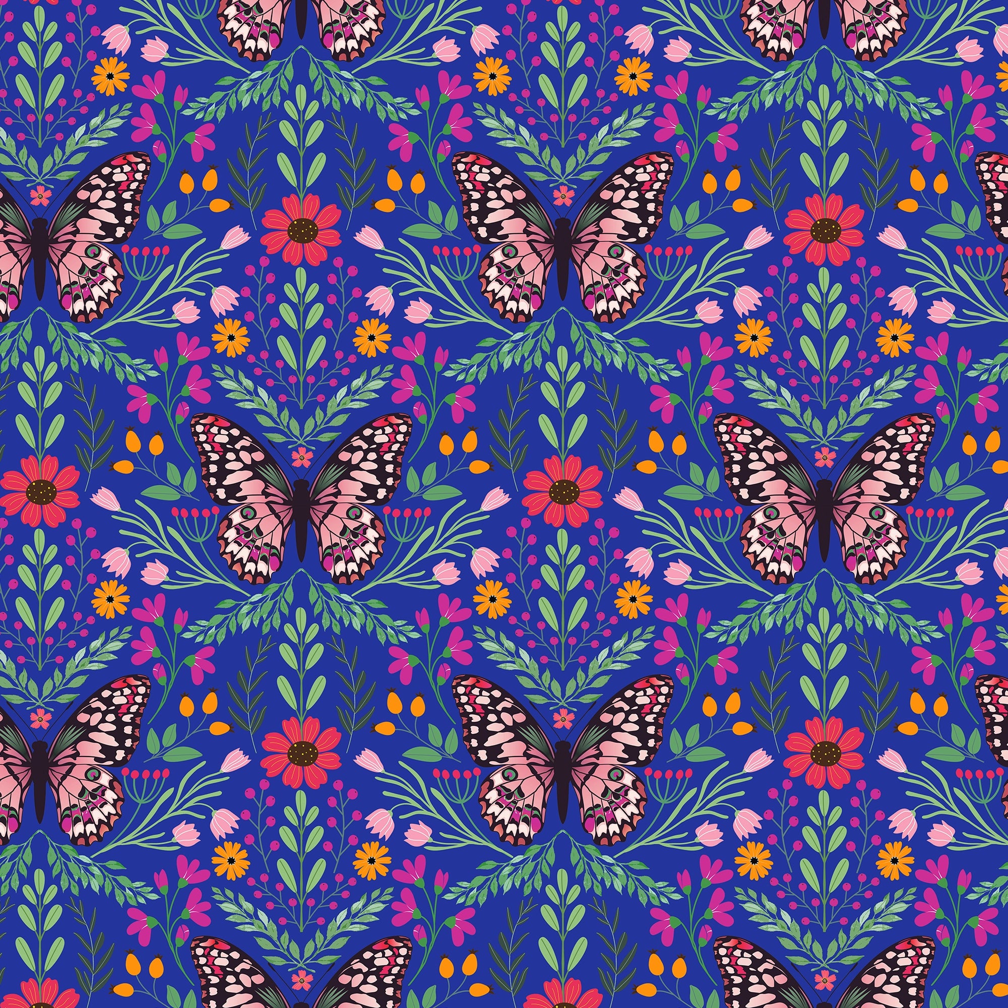 Flutter and Fleur Wallpaper in Pink and Greens on Royal Blue