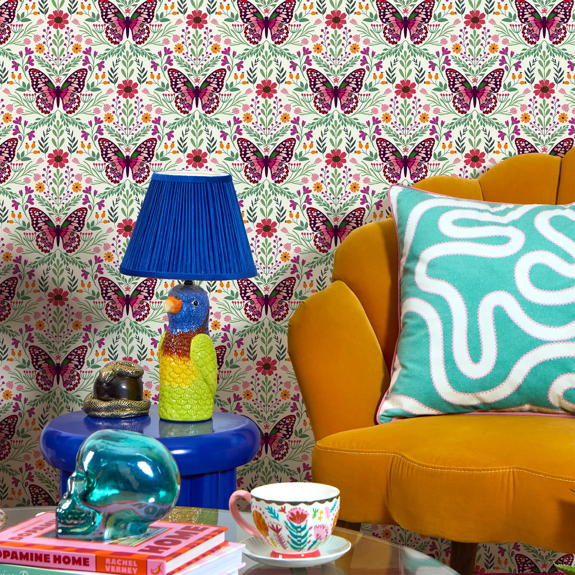 Flutter and Fleur Wallpaper in Pink and Greens on Vintage Cream