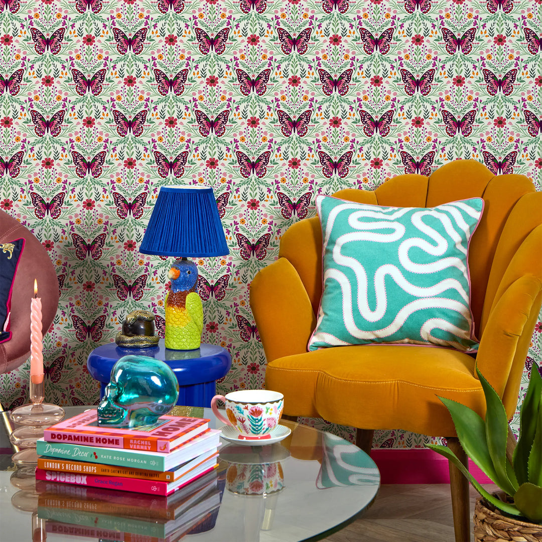 Flutter and Fleur Wallpaper in Pink and Greens on Vintage Cream