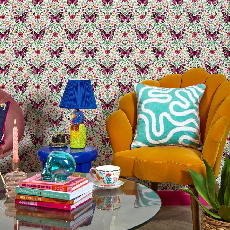 Flutter and Fleur Wallpaper in Pink and Greens on Vintage Cream