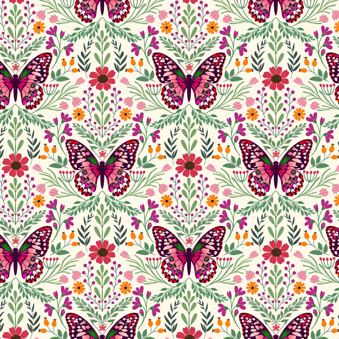 Flutter and Fleur Wallpaper in Pink and Greens on Vintage Cream