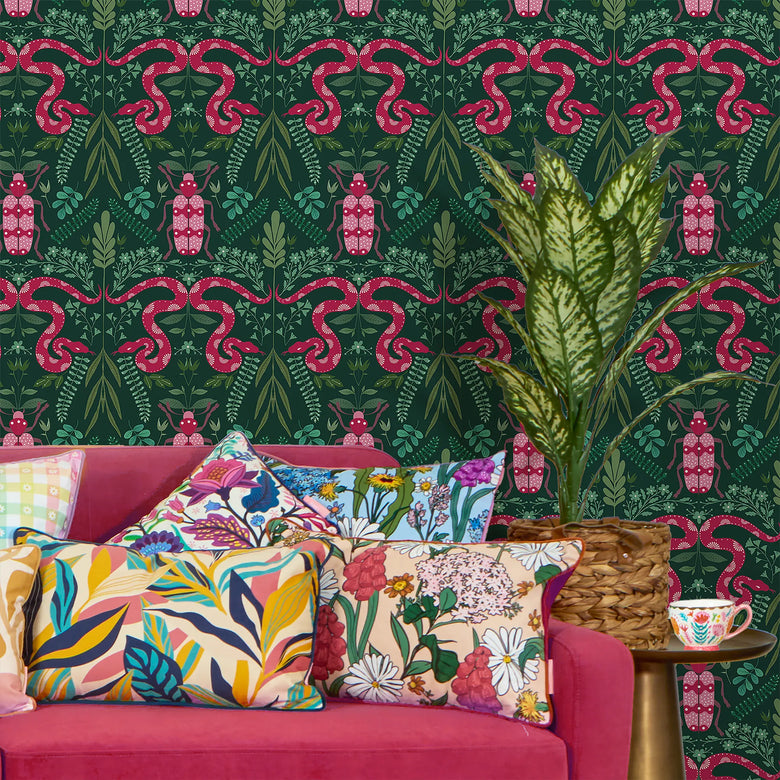 Forest Floor Wallpaper in Hot Pink on Deep Green