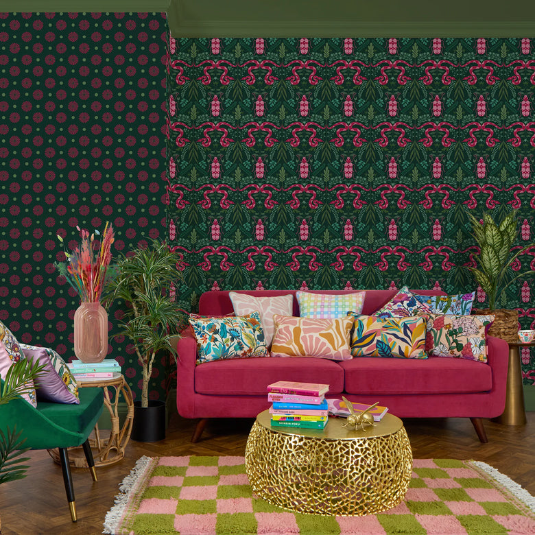 Forest Floor Wallpaper in Hot Pink on Deep Green