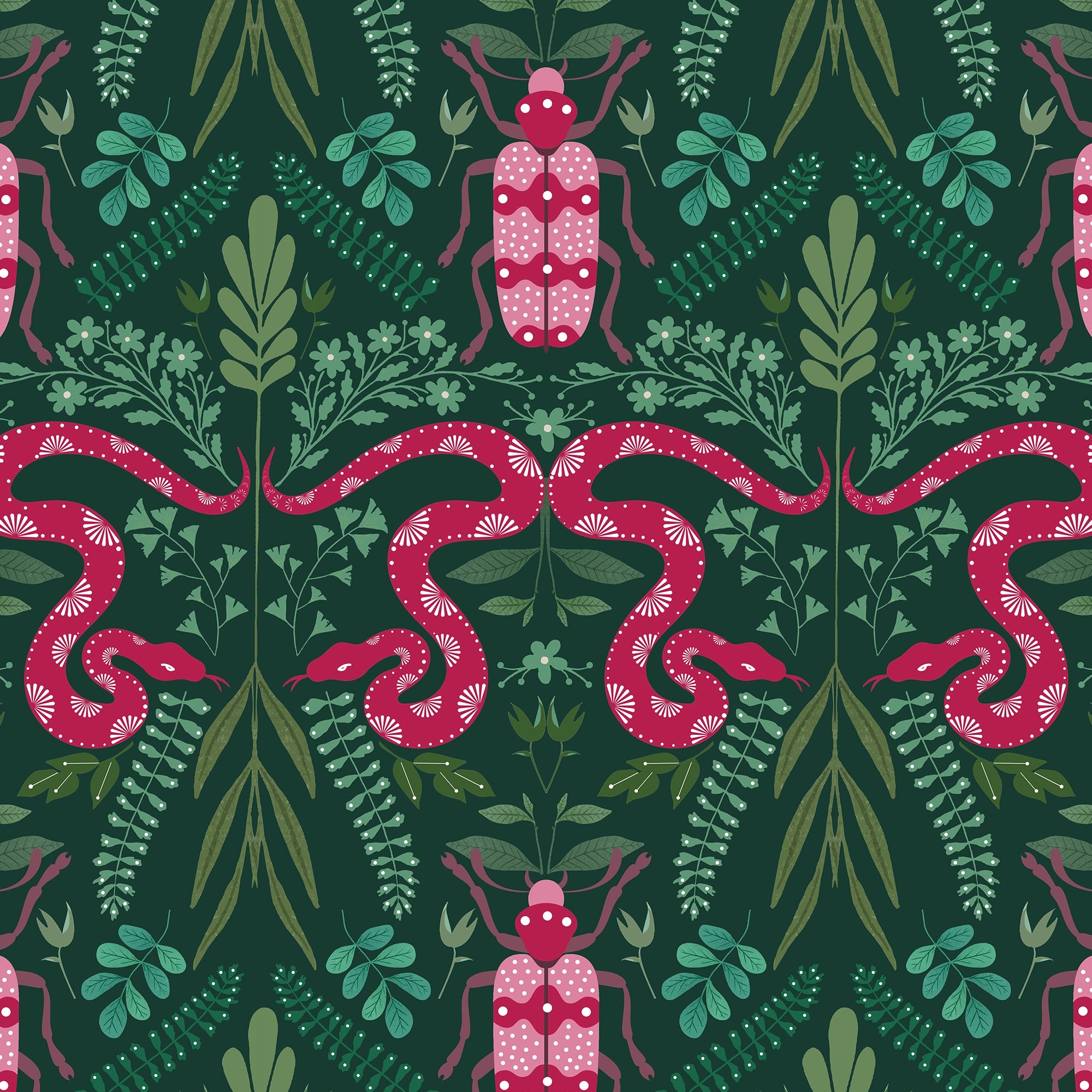 Forest Floor Wallpaper in Hot Pink on Deep Green