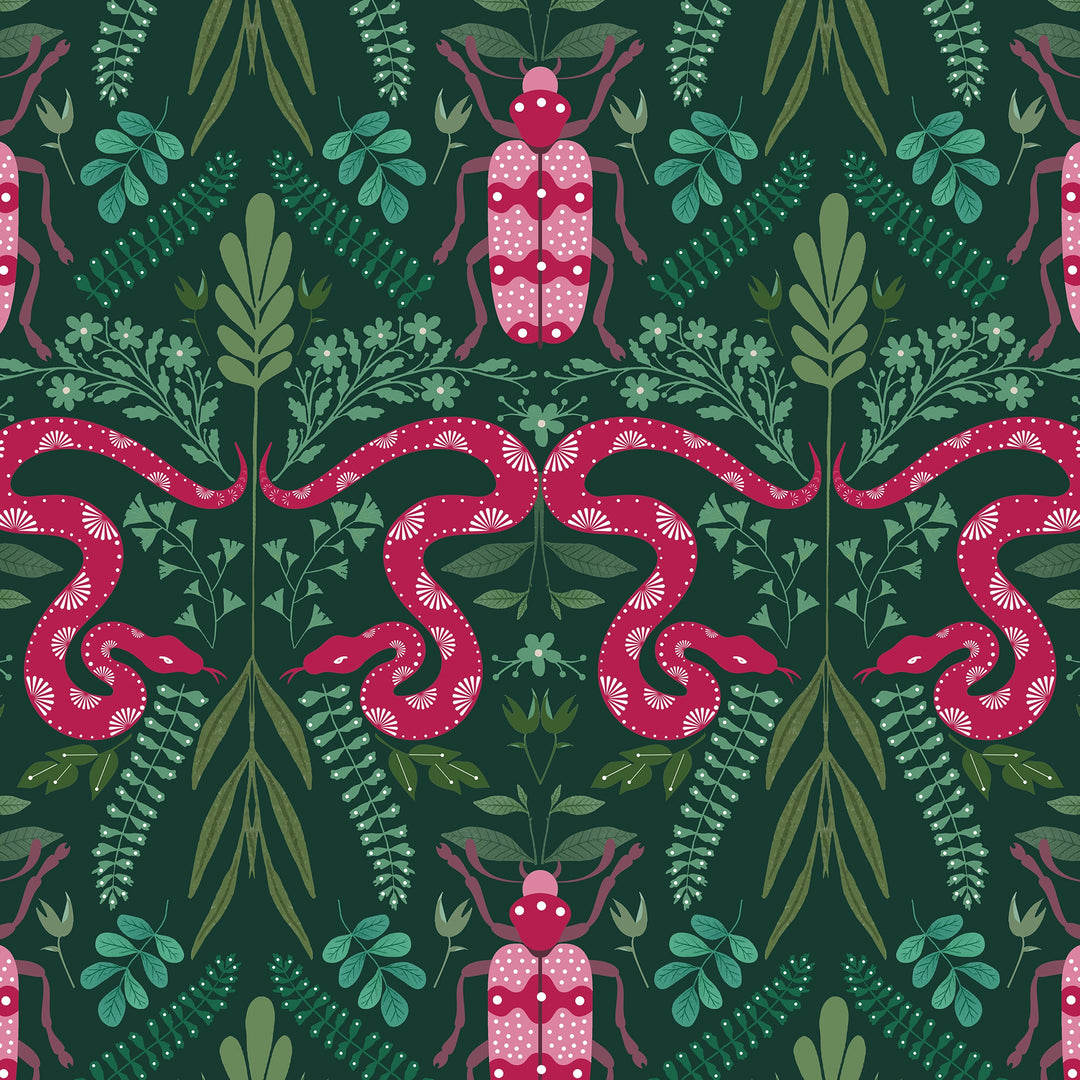 Forest Floor Wallpaper in Hot Pink on Deep Green