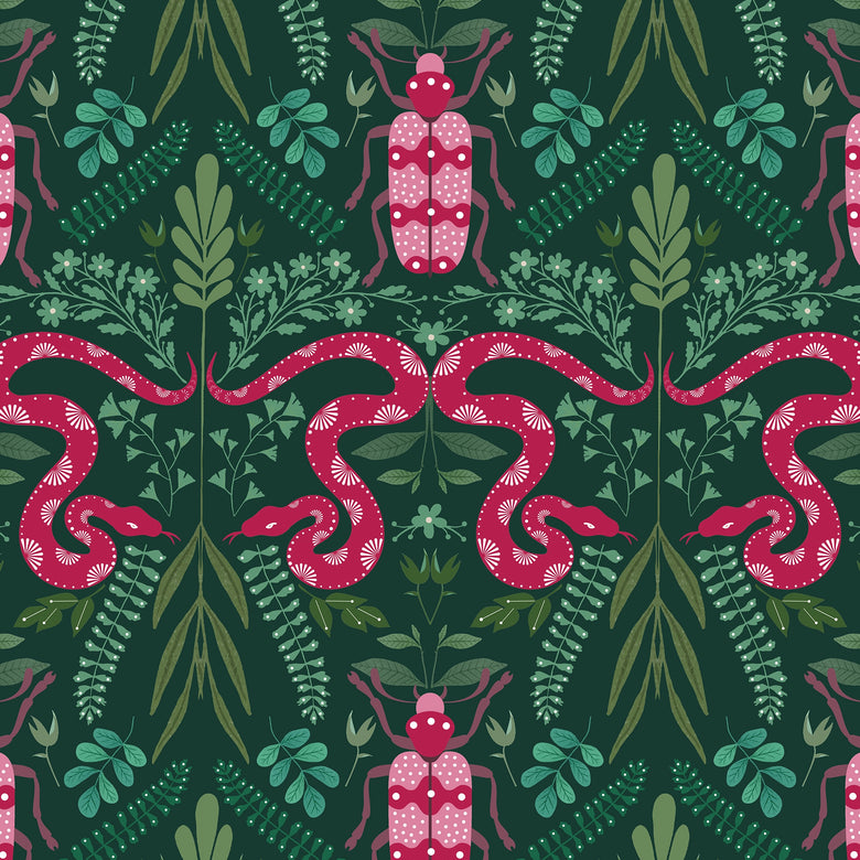 Forest Floor Wallpaper in Hot Pink on Deep Green