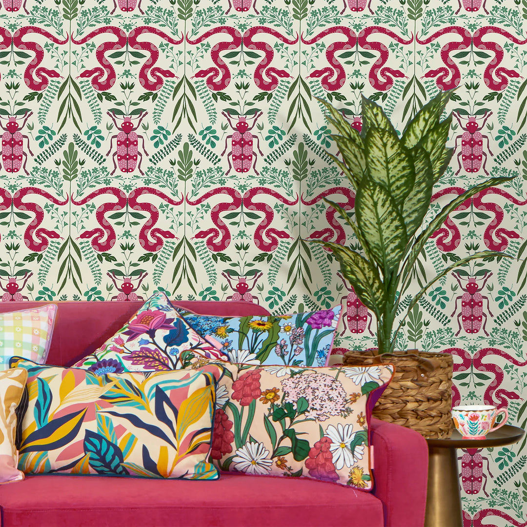 Forest Floor Wallpaper in Hot Pink on Vintage Cream