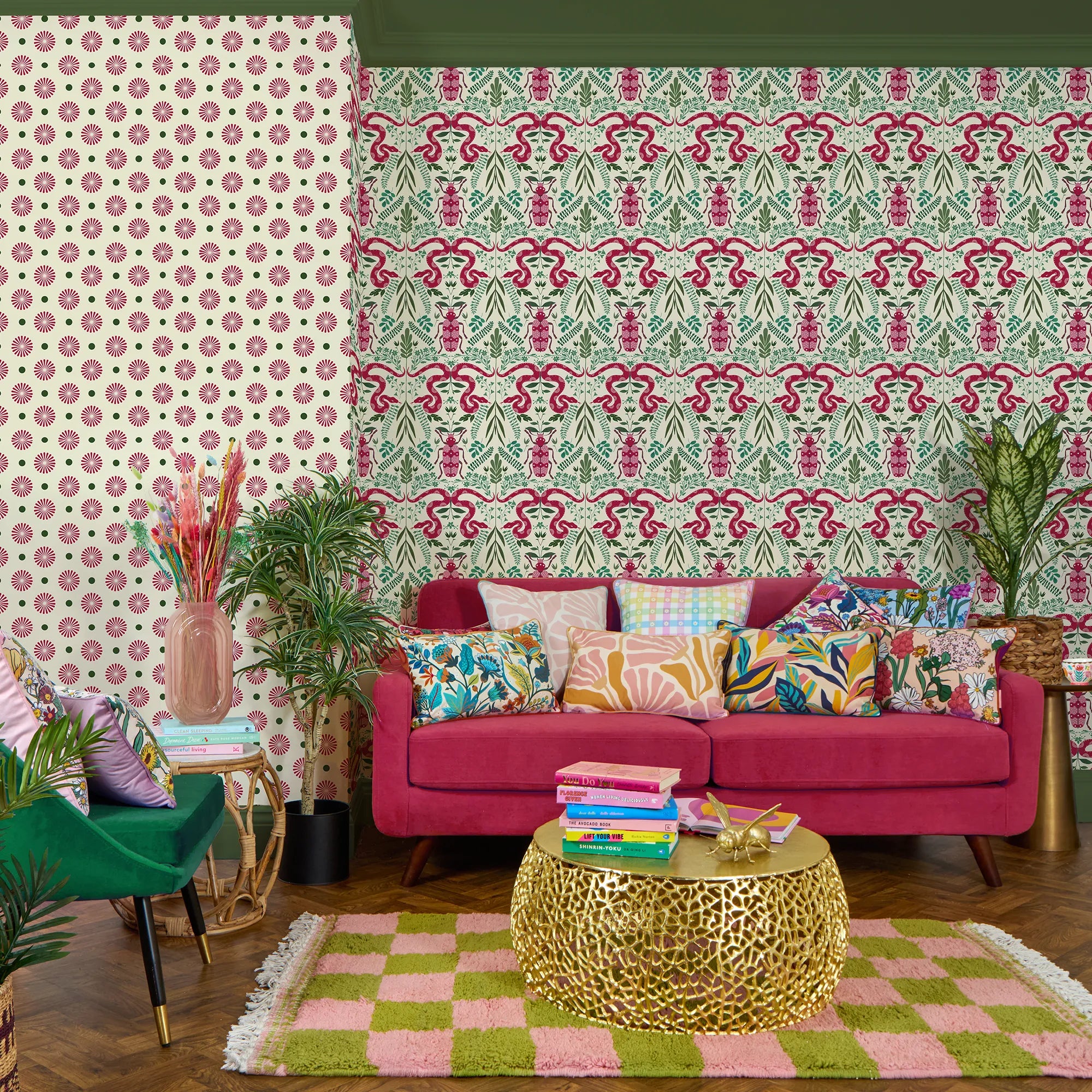 Forest Floor Wallpaper in Hot Pink on Vintage Cream