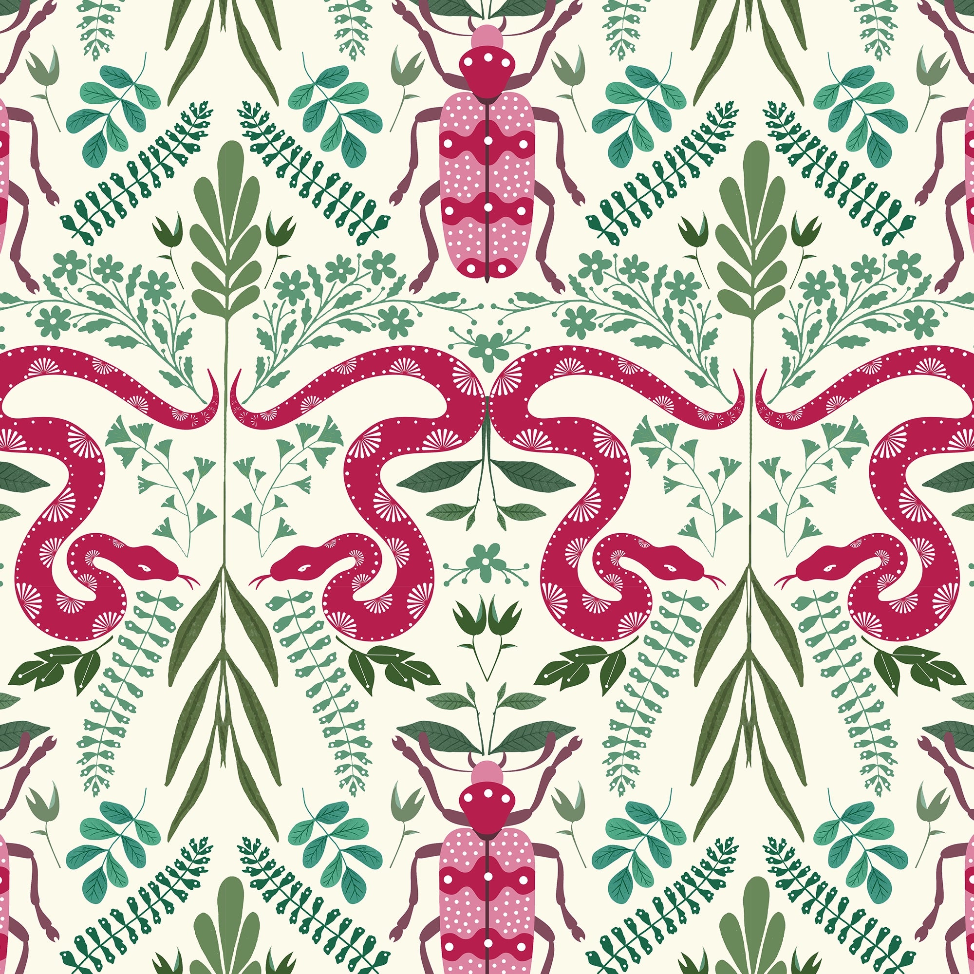 Forest Floor Wallpaper in Hot Pink on Vintage Cream