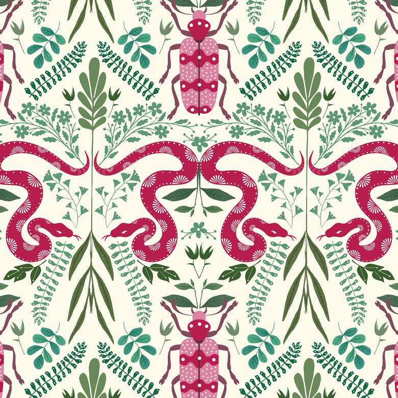 Forest Floor Wallpaper in Hot Pink on Vintage Cream