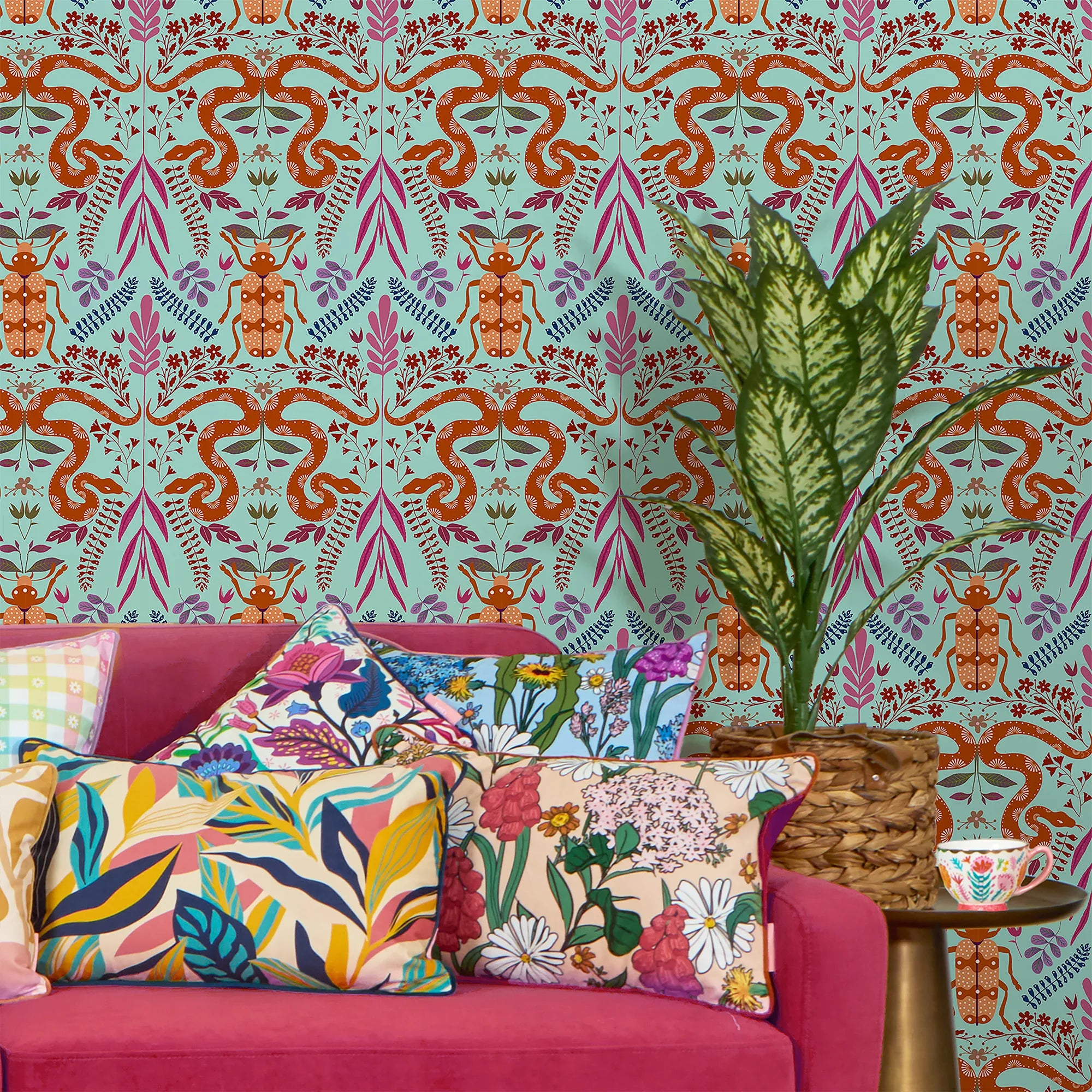 Forest Floor Wallpaper in Oranges on Turquoise