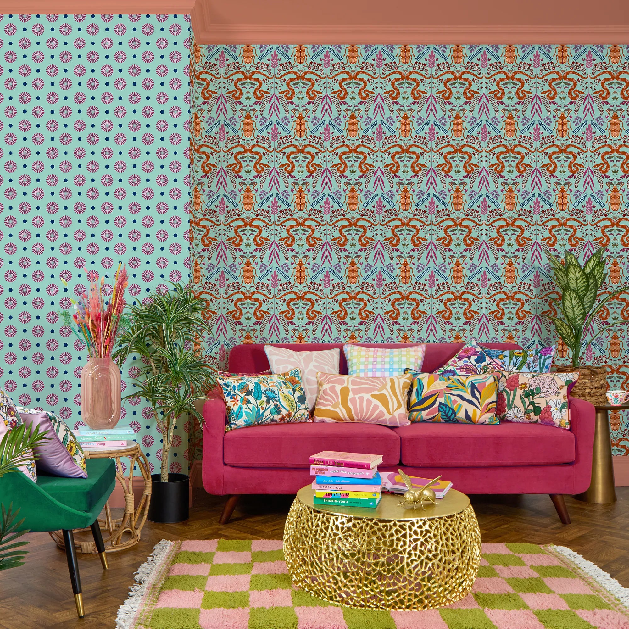 Forest Floor Wallpaper in Oranges on Turquoise