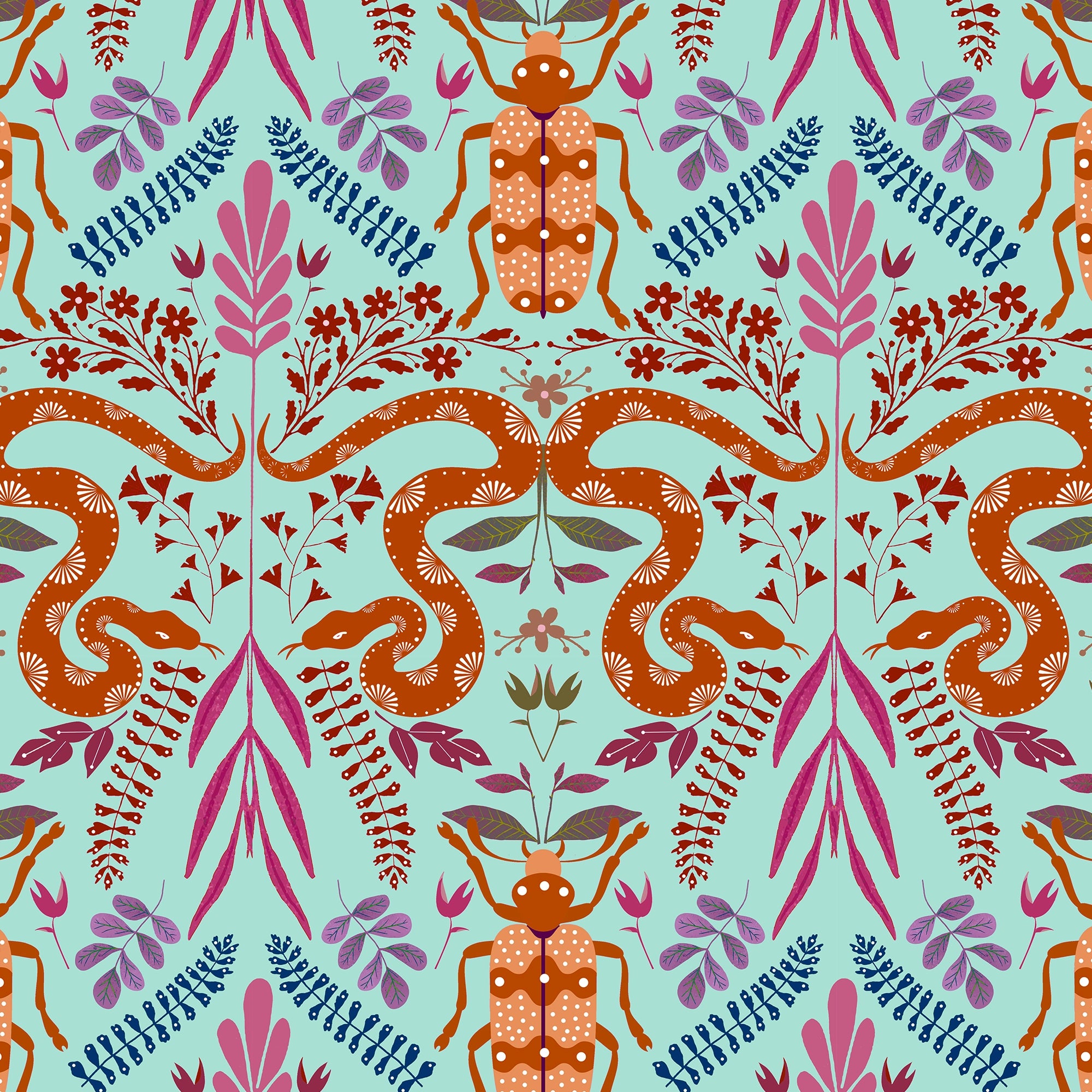 Forest Floor Wallpaper in Oranges on Turquoise