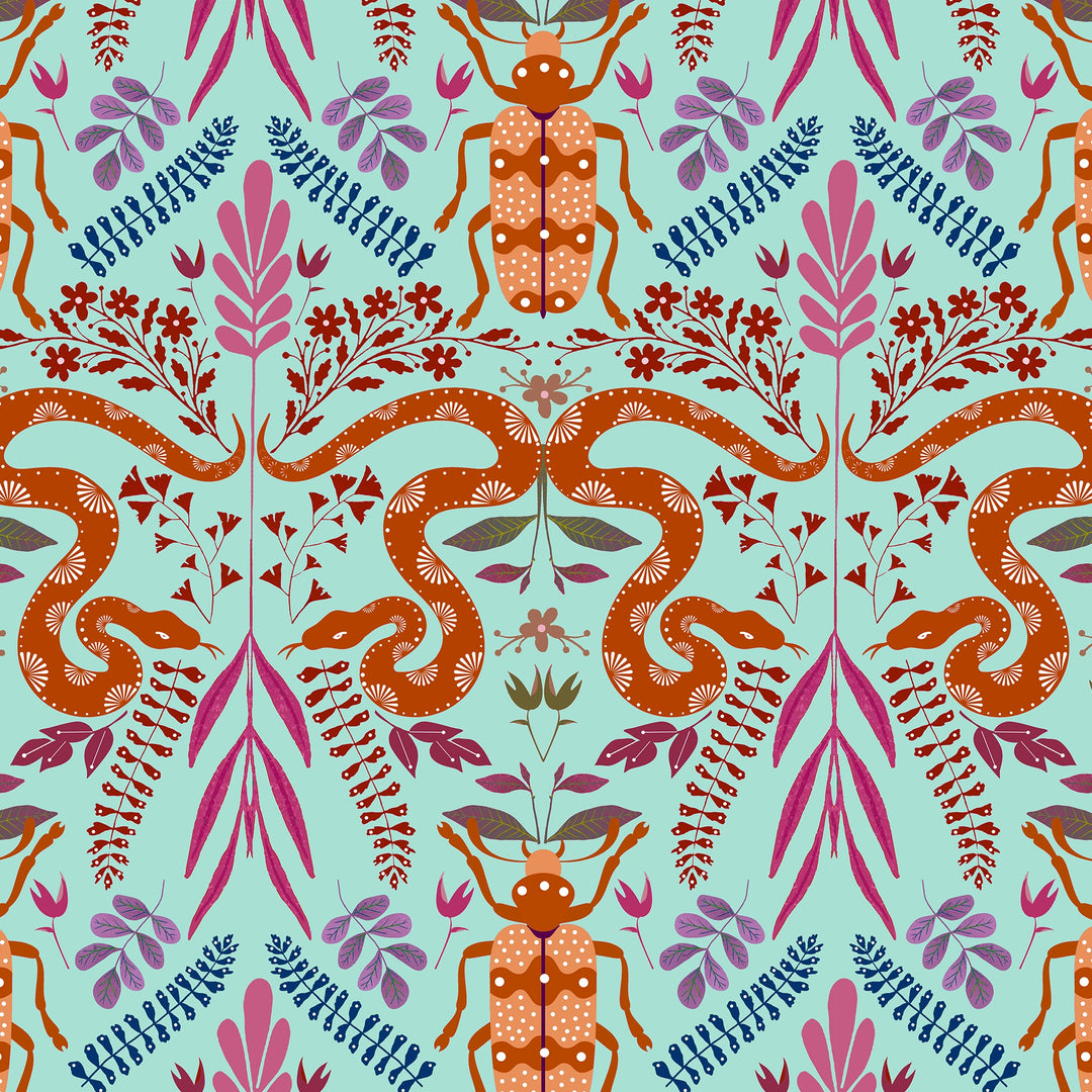 Forest Floor Wallpaper in Oranges on Turquoise