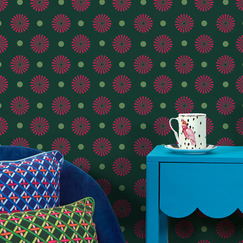 Forest Flora Wallpaper in Hot Pink on Deep Green