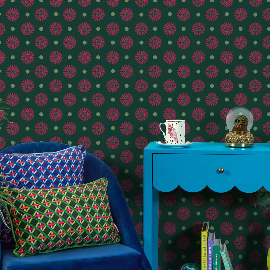 Forest Flora Wallpaper in Hot Pink on Deep Green