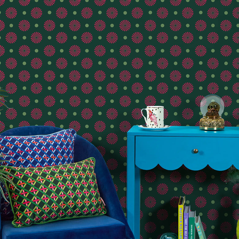 Forest Flora Wallpaper in Hot Pink on Deep Green