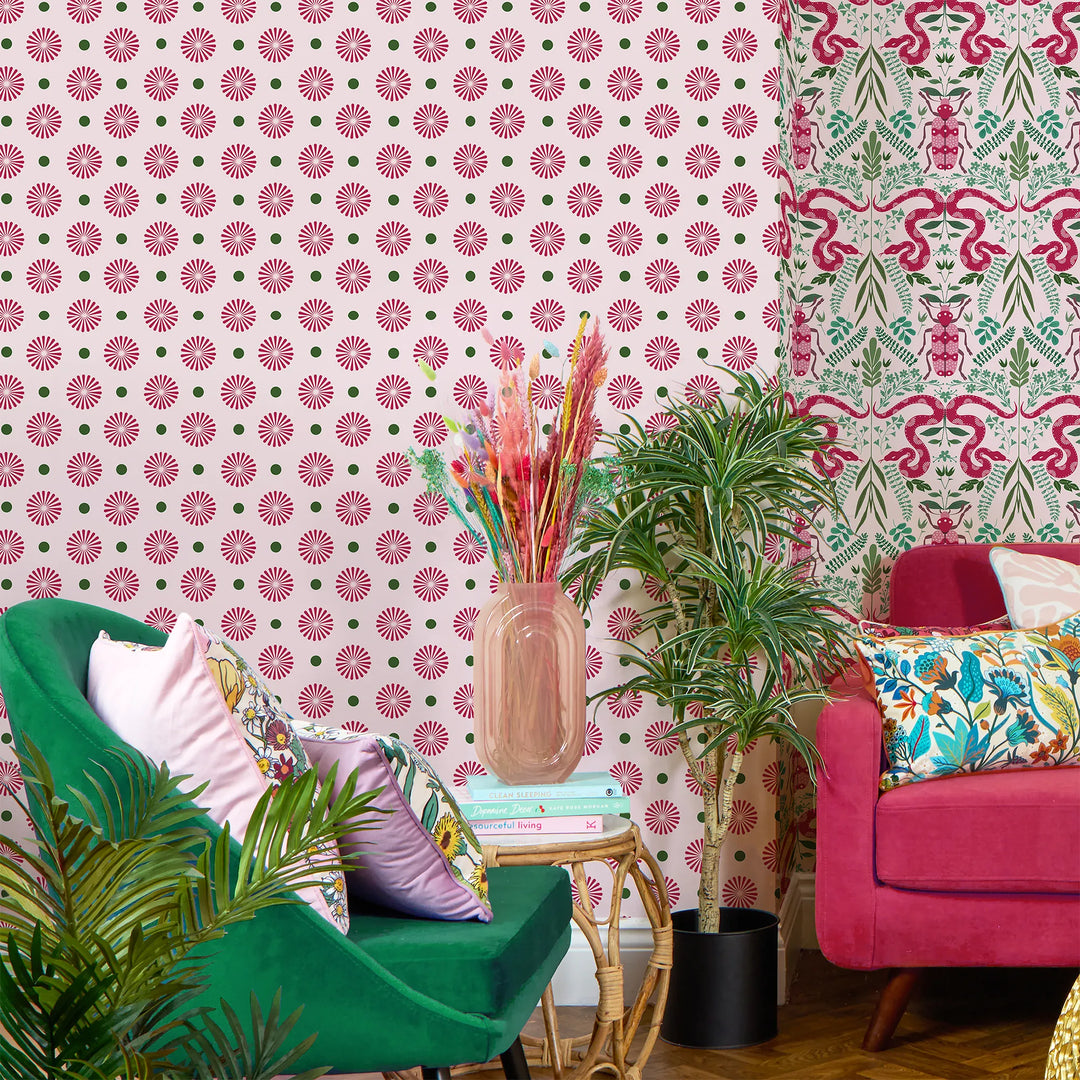 Forest Flora Wallpaper in Hot Pink on Sweet Pink