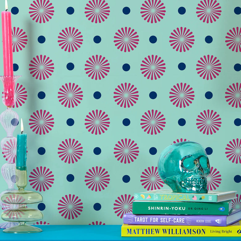 Forest Flora Wallpaper in Hot Pink on Turquoise