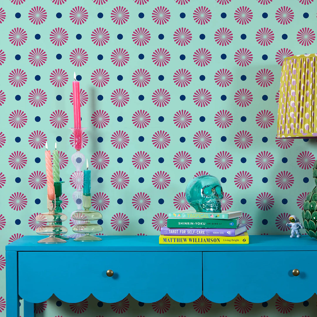 Forest Flora Wallpaper in Hot Pink on Turquoise