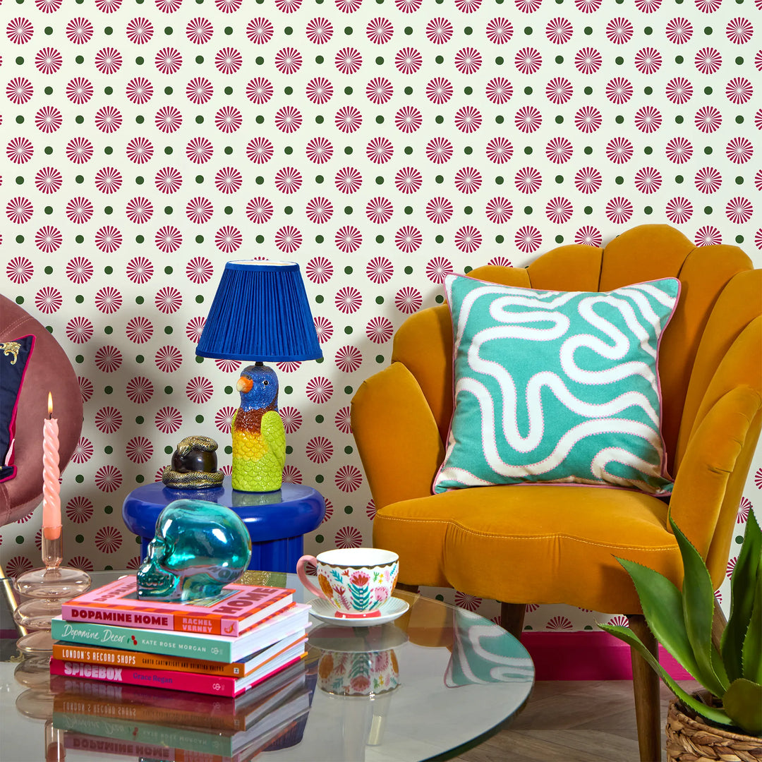 Forest Flora Wallpaper in Hot Pink on Vintage Cream