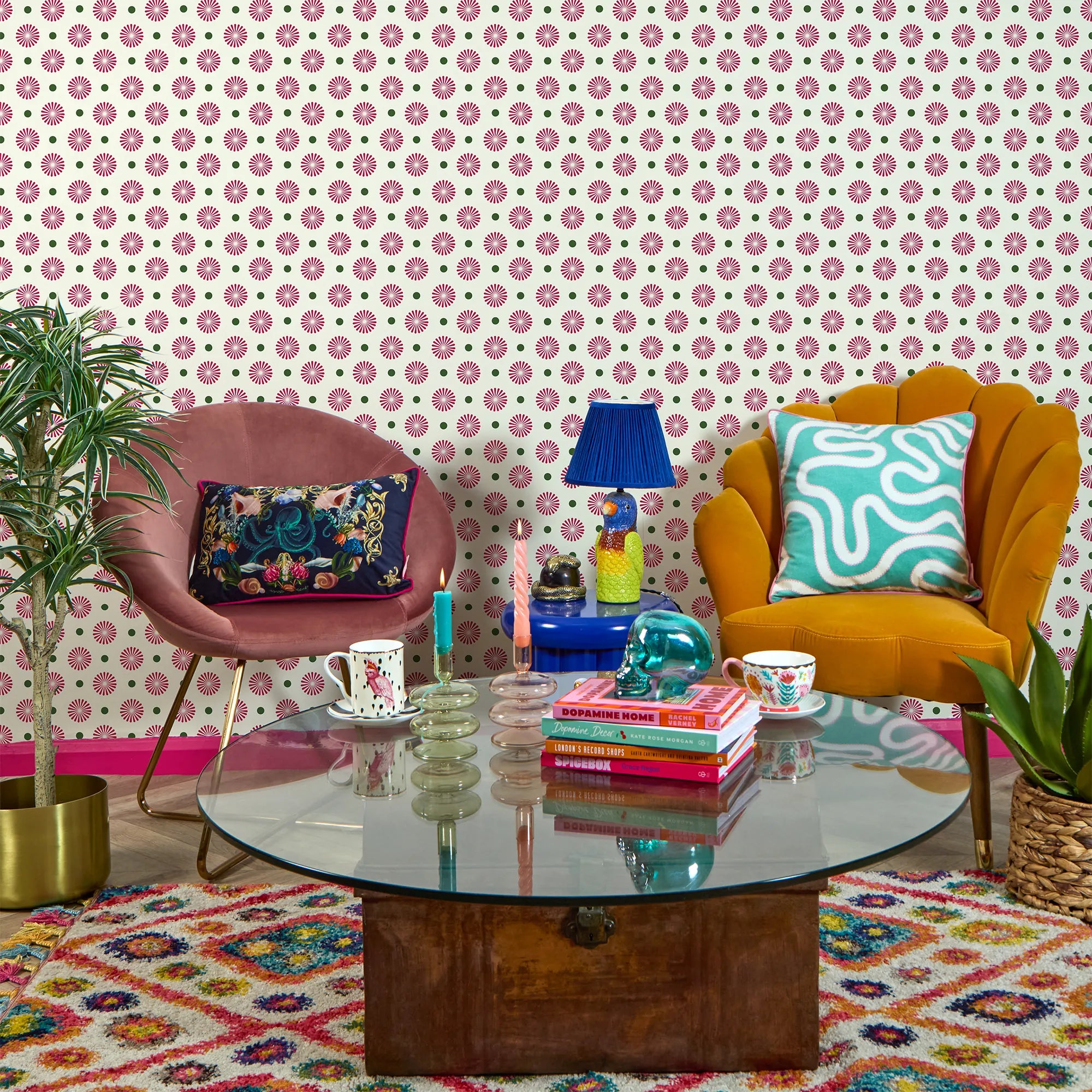 Forest Flora Wallpaper in Hot Pink on Vintage Cream