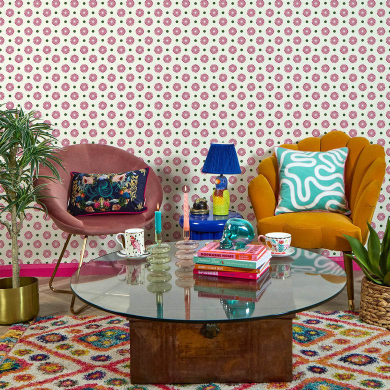 Forest Flora Wallpaper in Hot Pink on Vintage Cream