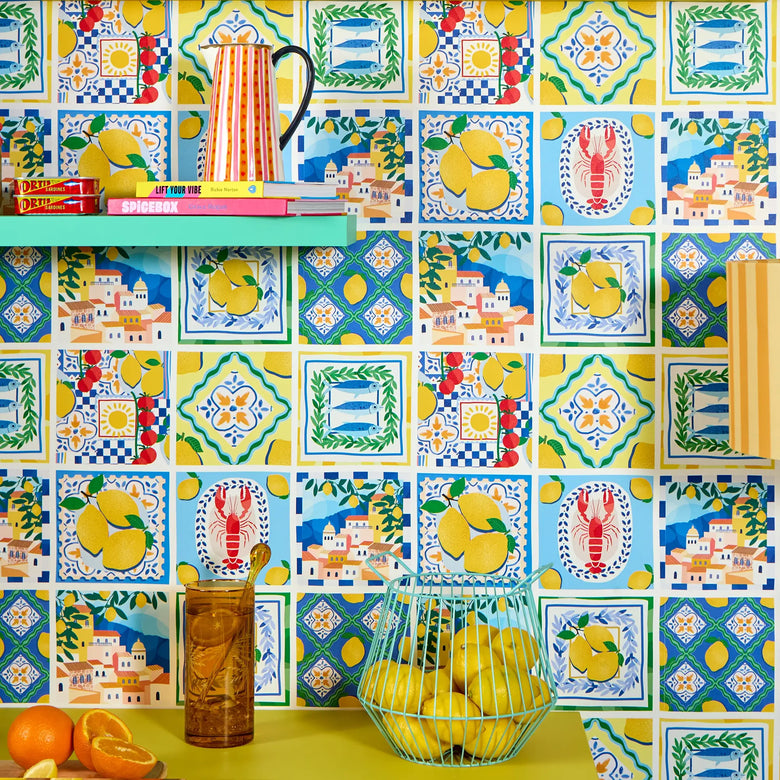 From Amalfi with Love Wallpaper in Mediterranean Blue and Sorrento Lemon