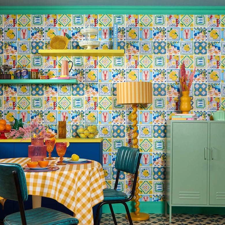From Amalfi with Love Wallpaper in Mediterranean Blue and Sorrento Lemon