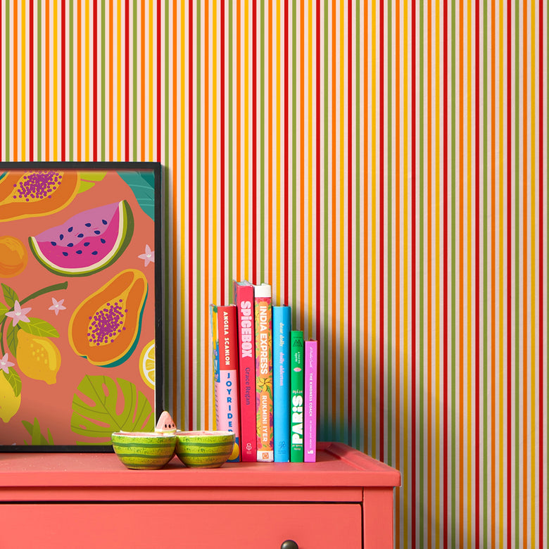 Fruit Salad Pinstripe Wallpaper in Multicoloured on Candy Pink