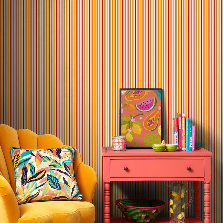 Fruit Salad Pinstripe Wallpaper in Multicoloured on Candy Pink