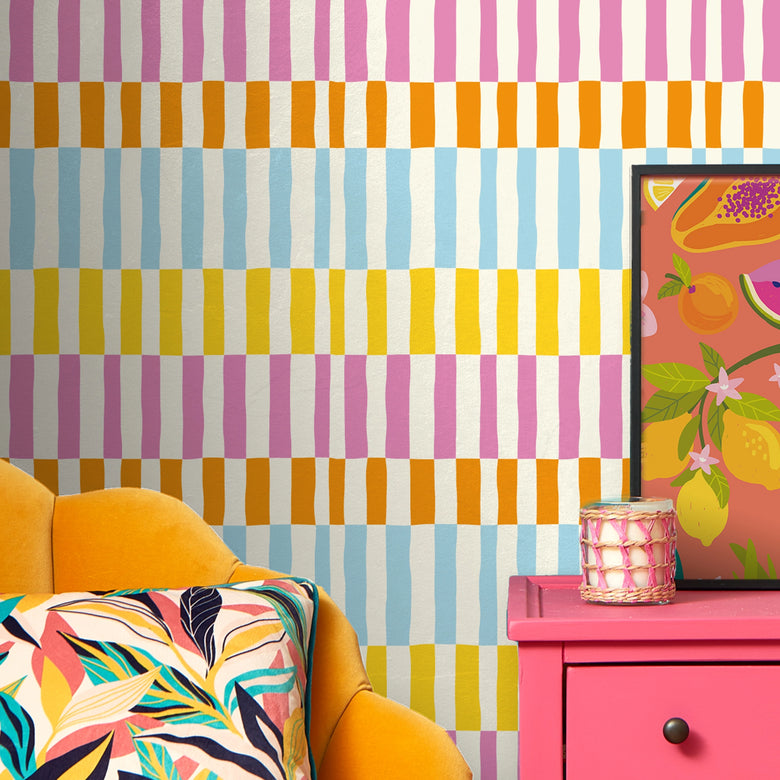 Fruit Salad Sensation Wallpaper in Pink, Sky Blue, Orange and Yellow