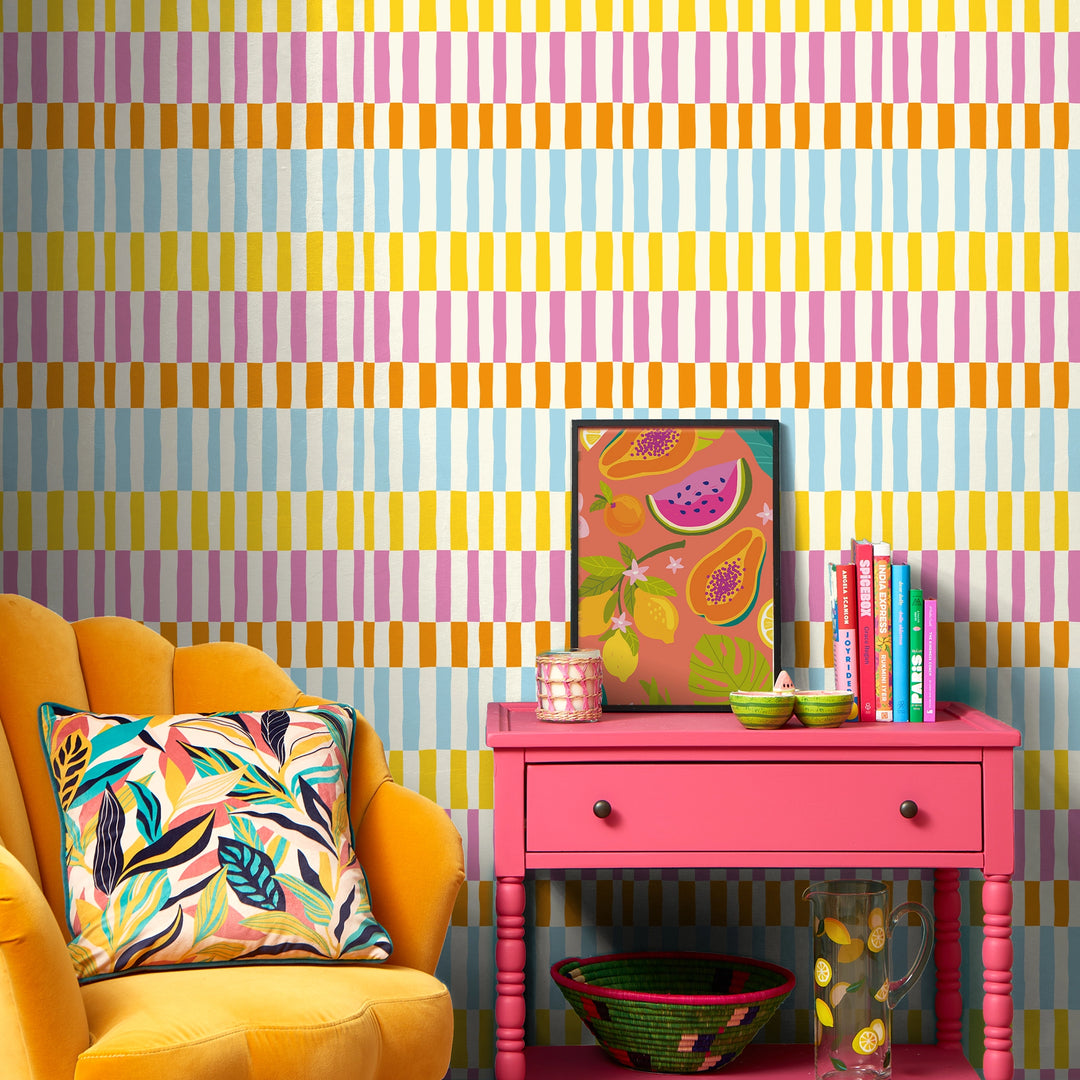 Fruit Salad Sensation Wallpaper in Pink, Sky Blue, Orange and Yellow