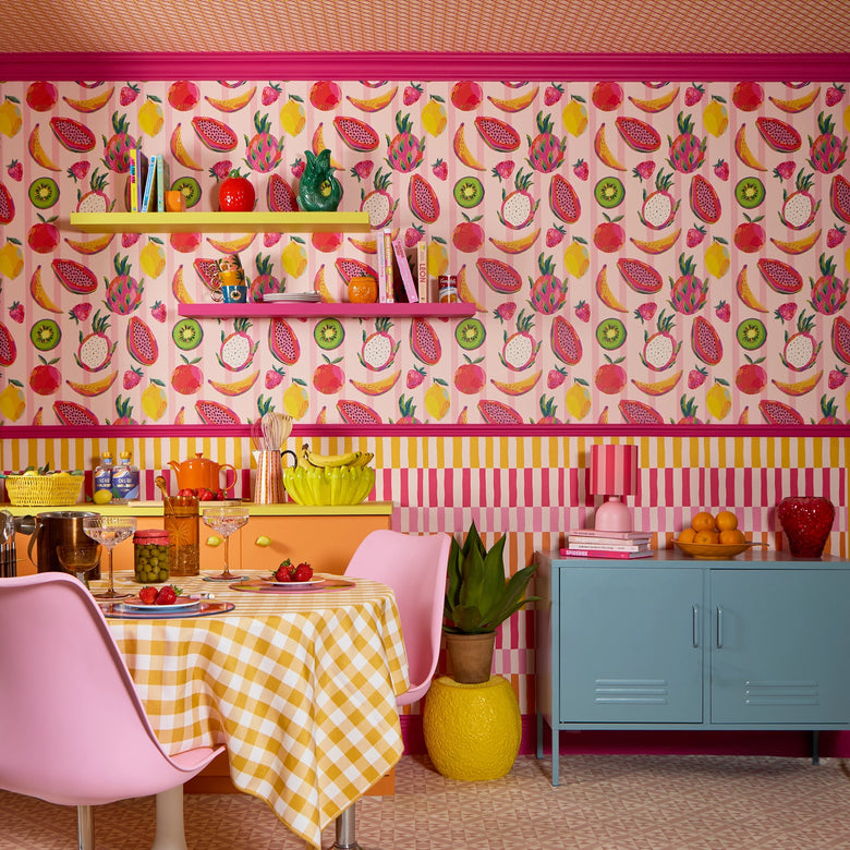 Sample of Fruit Salad Sensation Wallpaper in Pinks, Orange and Yellow