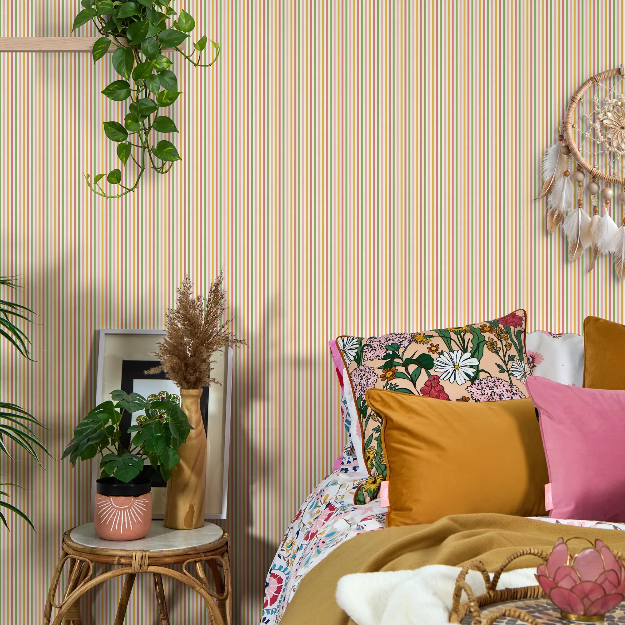Fruit Salad Pinstripe Wallpaper in Multicoloured on Cream
