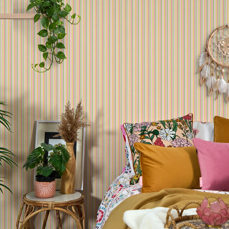 Fruit Salad Pinstripe Wallpaper in Multicoloured on Cream