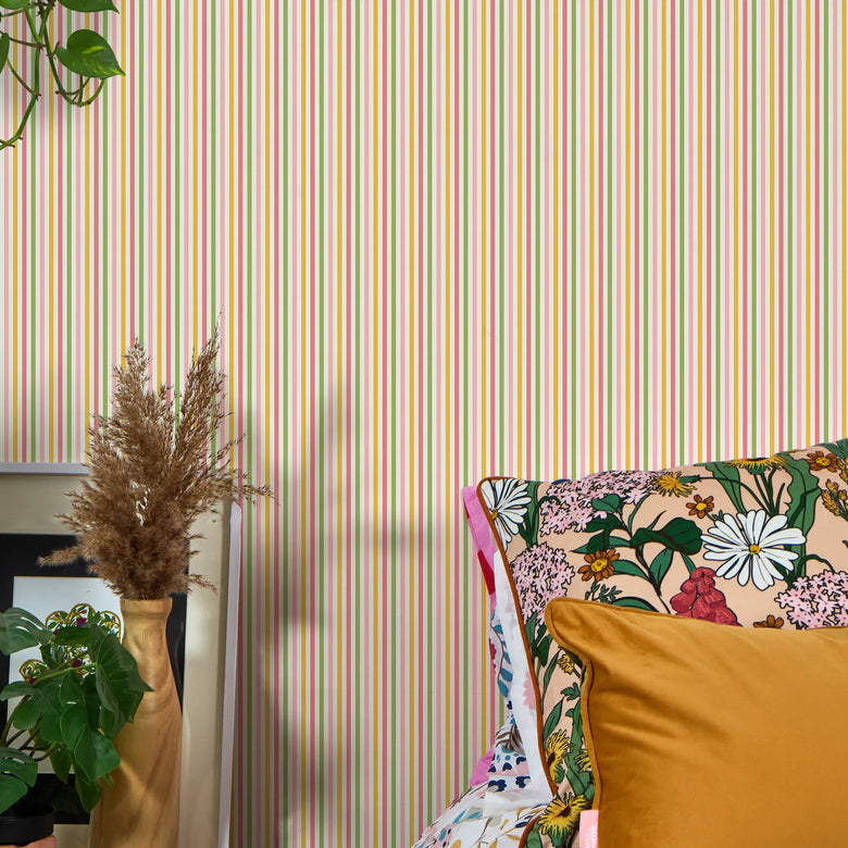 Fruit Salad Pinstripe Wallpaper in Multicoloured on Cream
