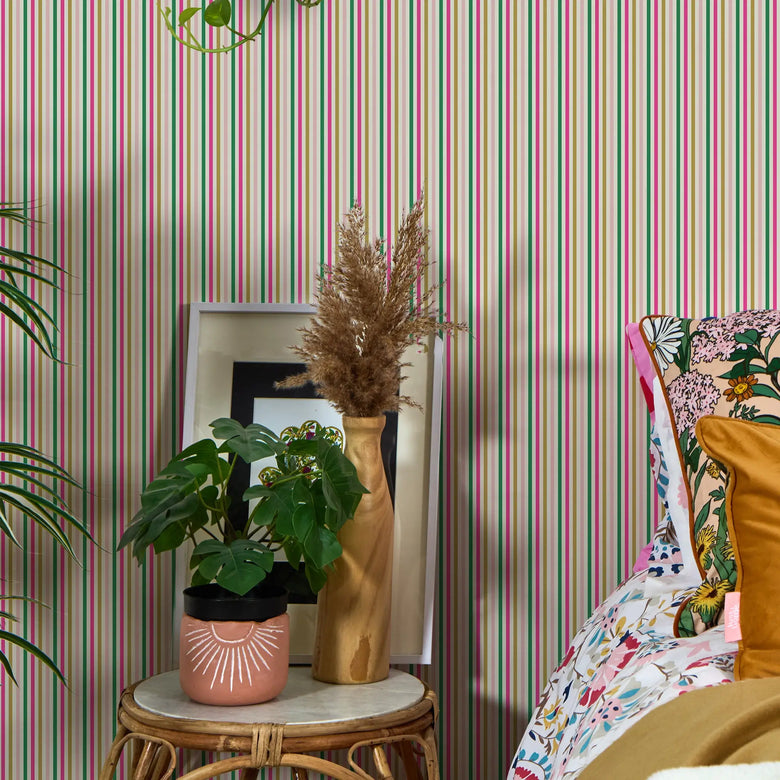 Fruit Salad Pinstripe Wallpaper in Multicoloured on Double Cream