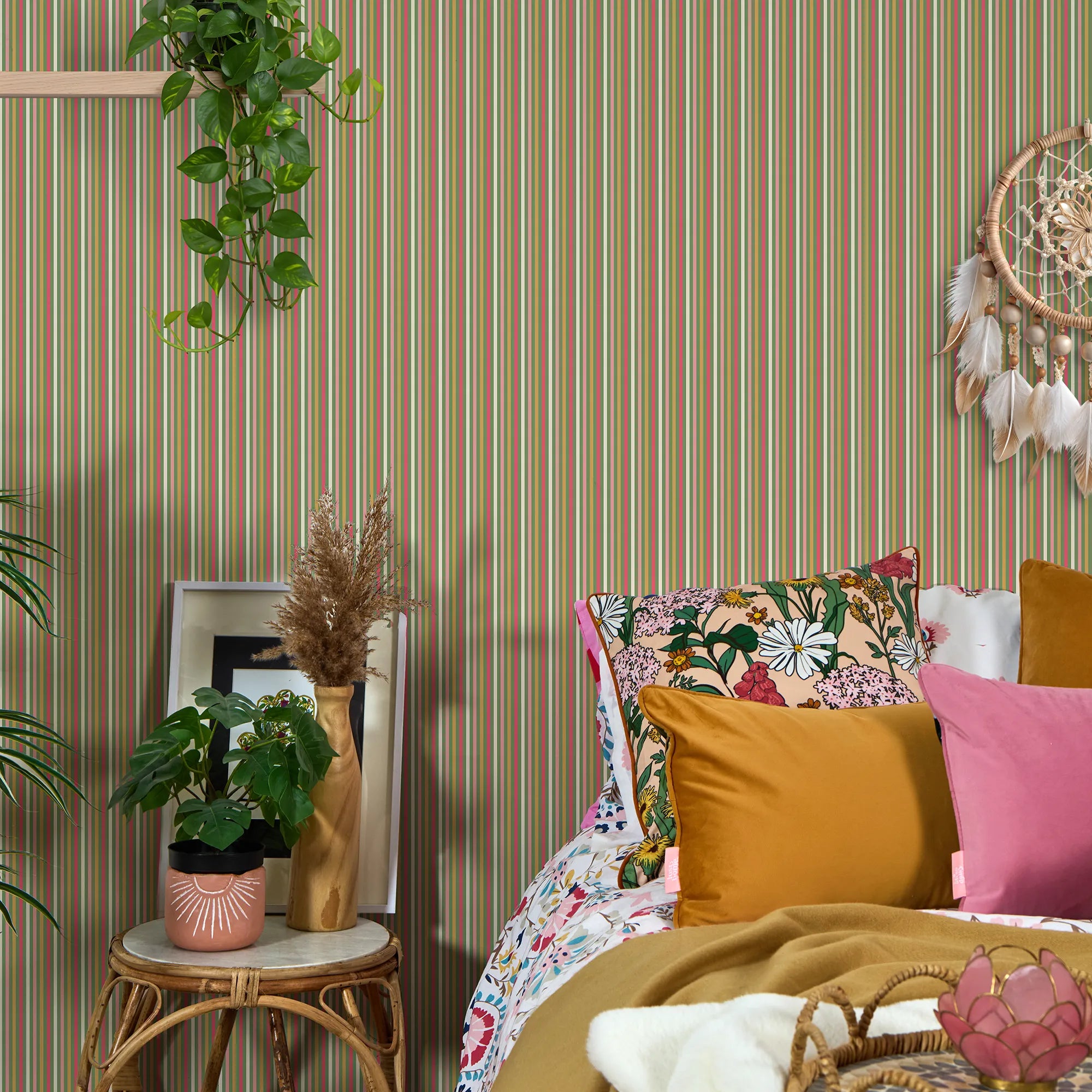 Fruit Salad Pinstripe Wallpaper in Multicoloured on Green