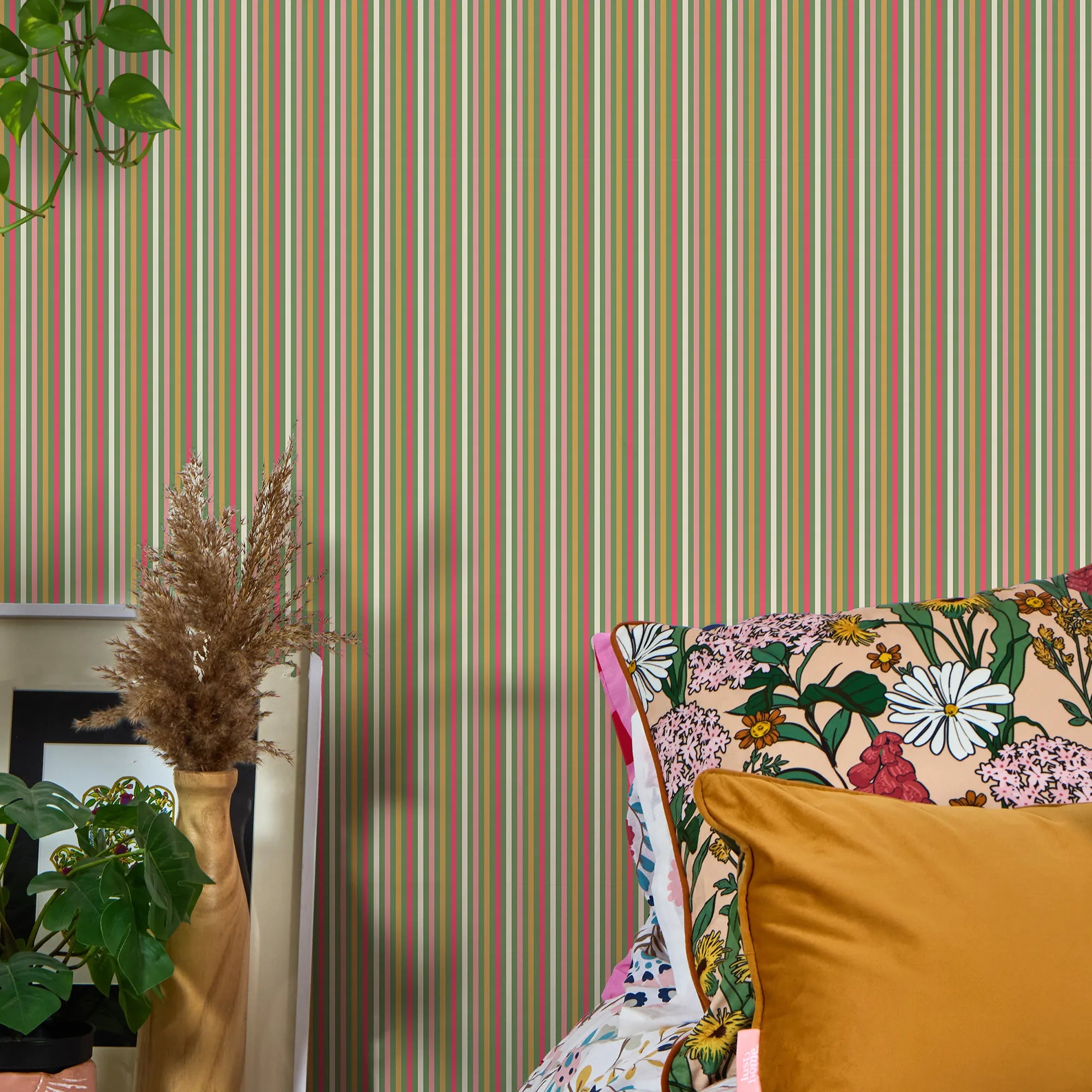Fruit Salad Pinstripe Wallpaper in Multicoloured on Green