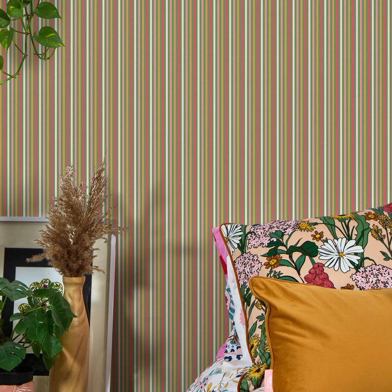 Fruit Salad Pinstripe Wallpaper in Multicoloured on Green