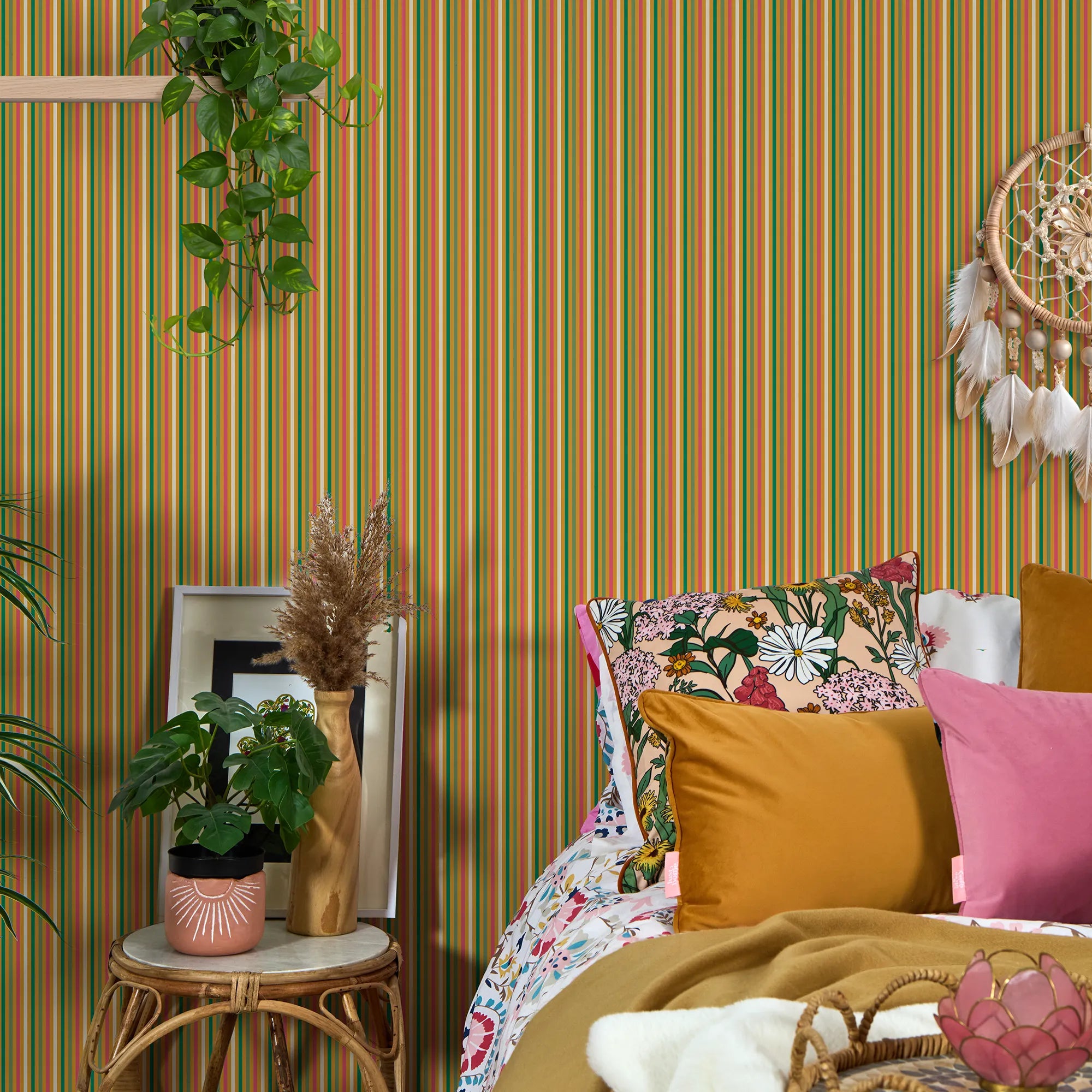 Fruit Salad Pinstripe Wallpaper in Multicoloured on Mustard