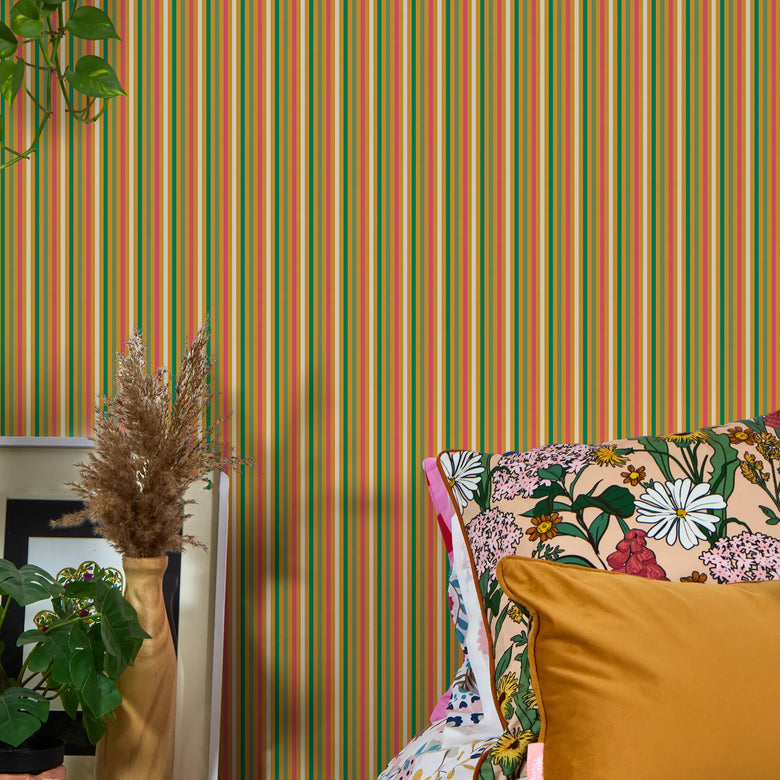 Fruit Salad Pinstripe Wallpaper in Multicoloured on Mustard