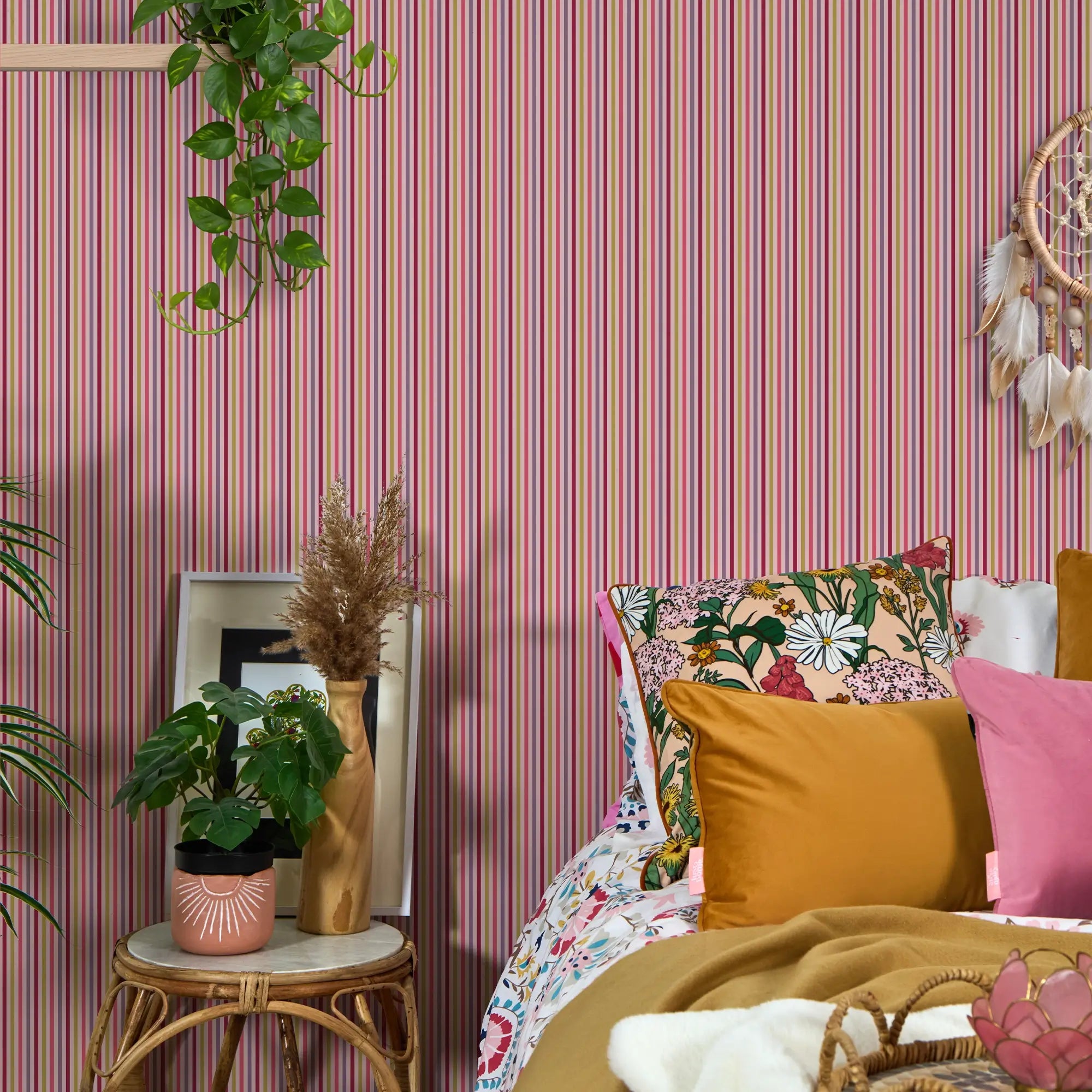 Fruit Salad Pinstripe Wallpaper in Multicoloured on Pink