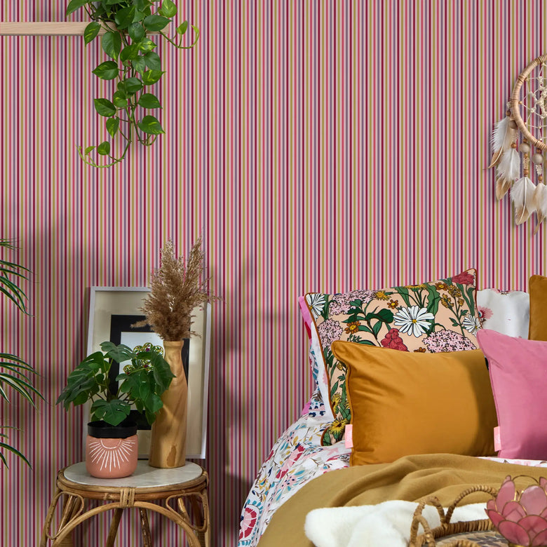Fruit Salad Pinstripe Wallpaper in Multicoloured on Pink