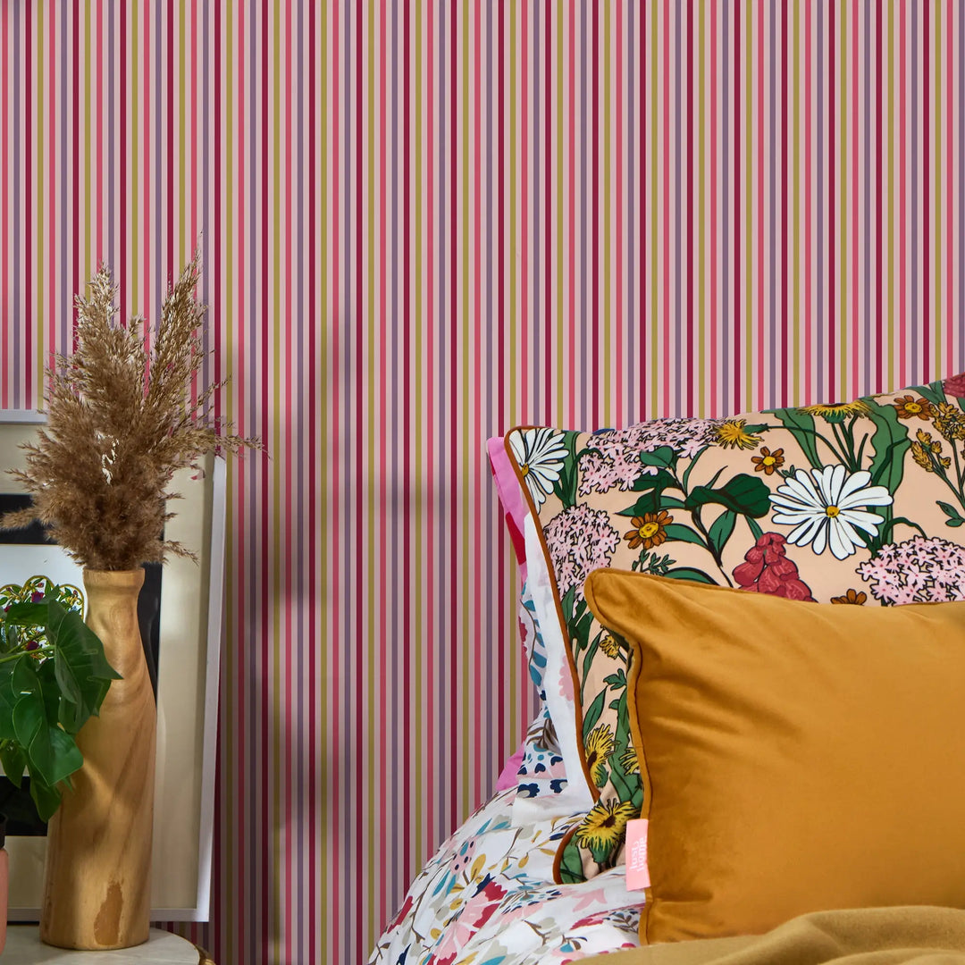 Fruit Salad Pinstripe Wallpaper in Multicoloured on Pink