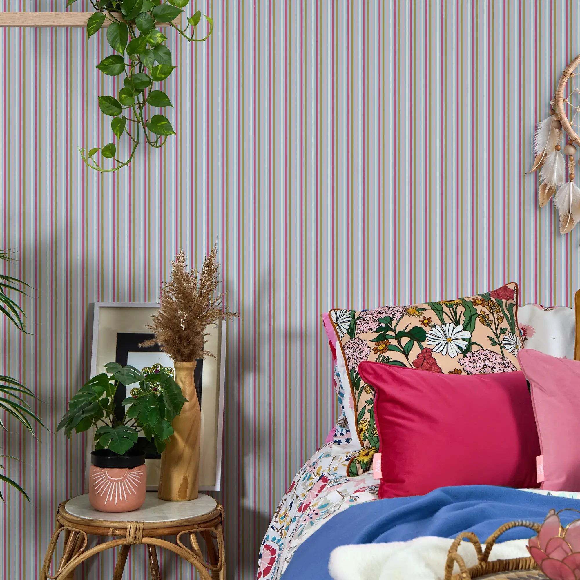 Fruit Salad Pinstripe Wallpaper in Multicoloured on Sky Blue