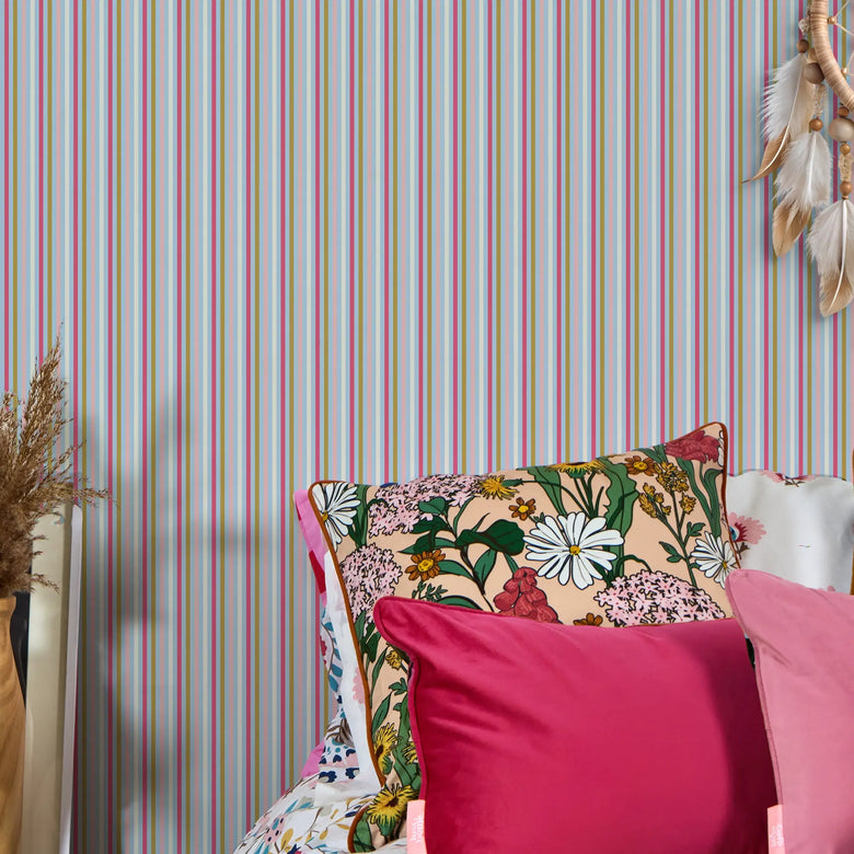 Fruit Salad Pinstripe Wallpaper in Multicoloured on Sky Blue
