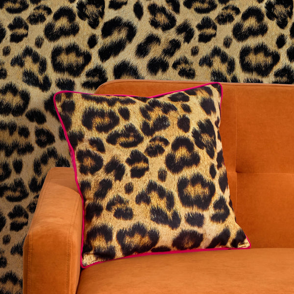 Fur-real Leopard Square Cushion in Margay Black and Ocelot Brown