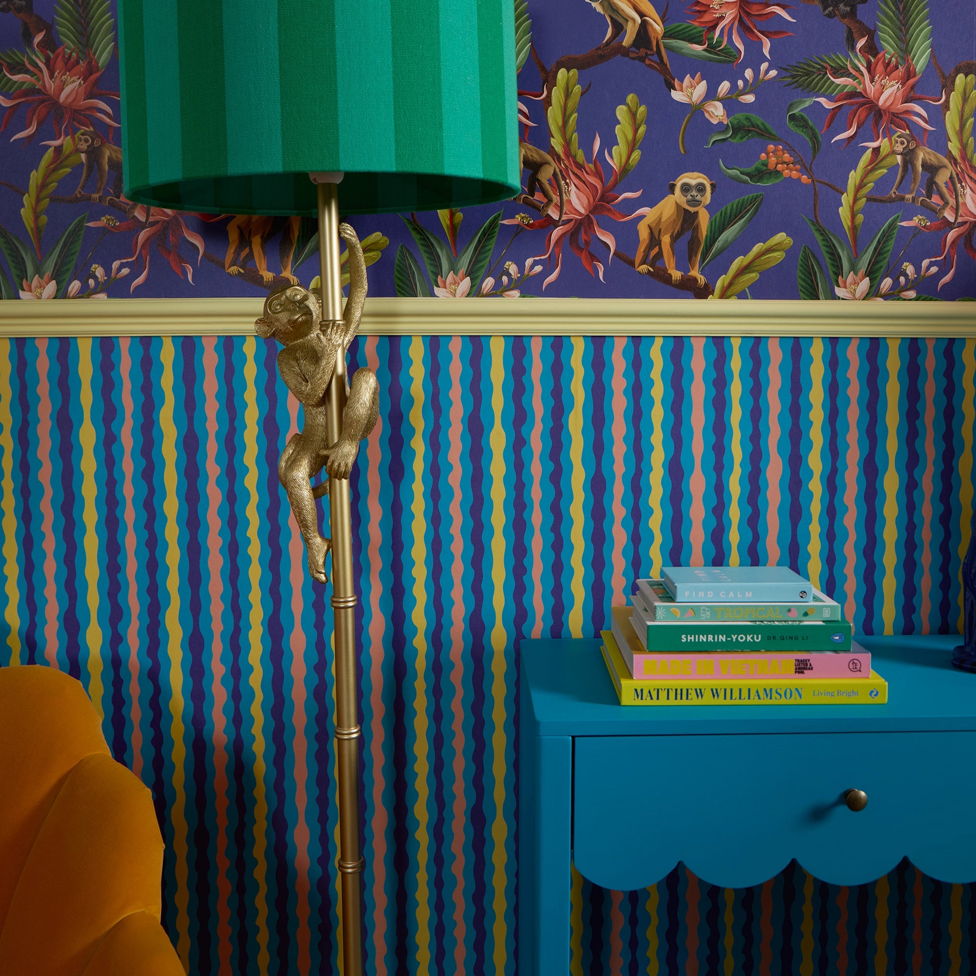 Get a Wiggle On Wallpaper in Blues, Mustard and Millennial Pink